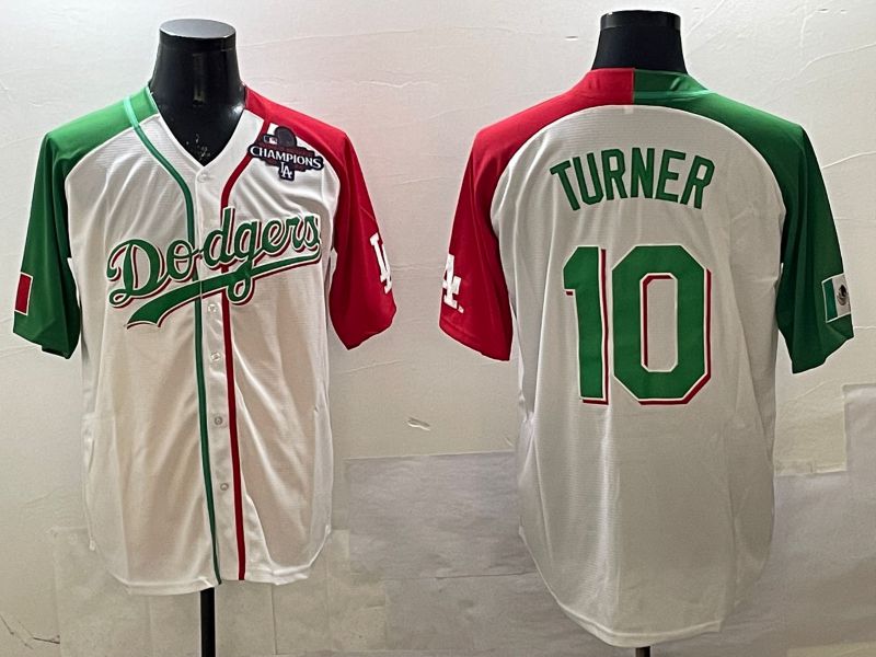 Men Los Angeles Dodgers 10 Turner White Green Game 2025 Nike MLB Jersey style 2